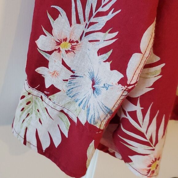 LINEN COTTON HAWAII ALOHA SHIRT MEN'S XXL MAROON WHITE BLUE LONG SLEEVE TROPICAL - Picture 2 of 9